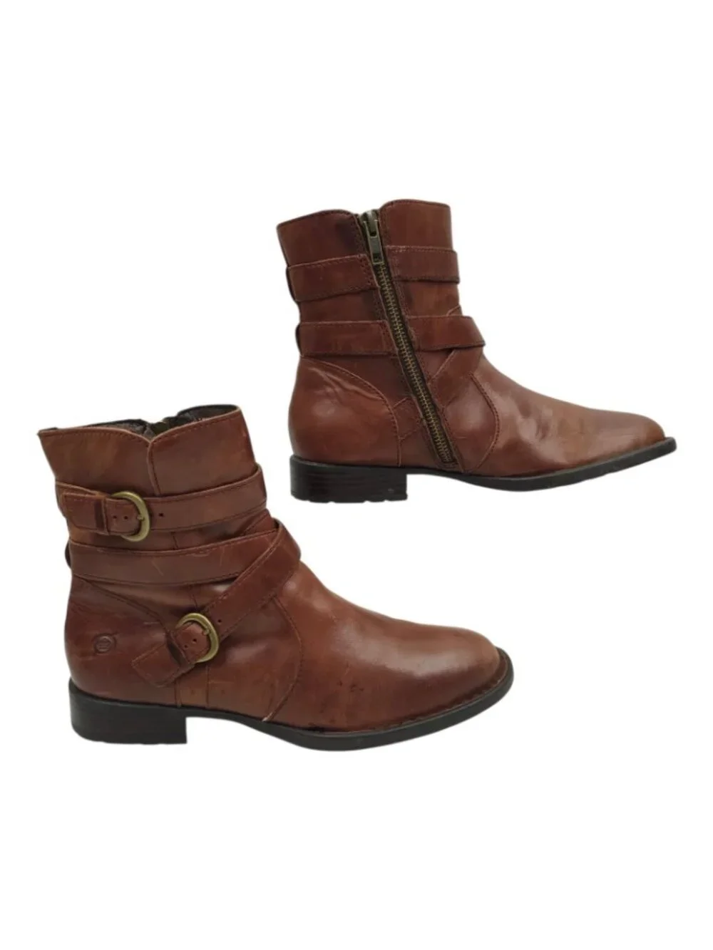 Born Ankle Boots 7.5 Strappy Multi Buckle Side Zip Brown Leather Booties Moto